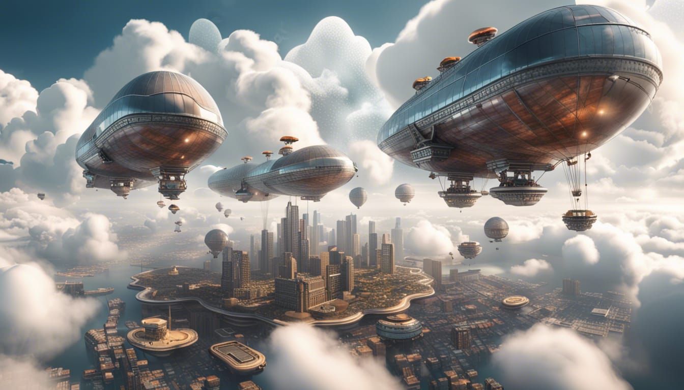 Futuristic Floating City with Airships in the Clouds