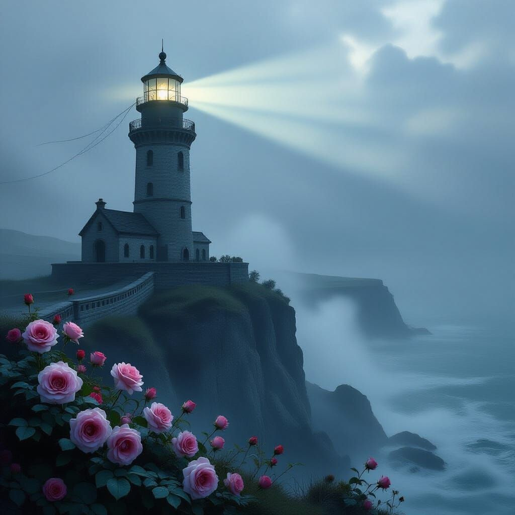 Majestic Ancient Lighthouse in Stormy Fog