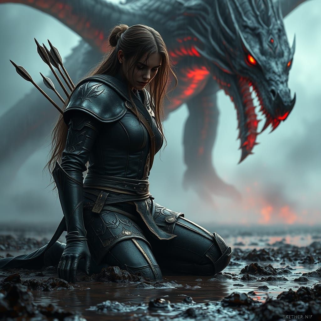 Defiant Armored Warrior with Dragon in Rain