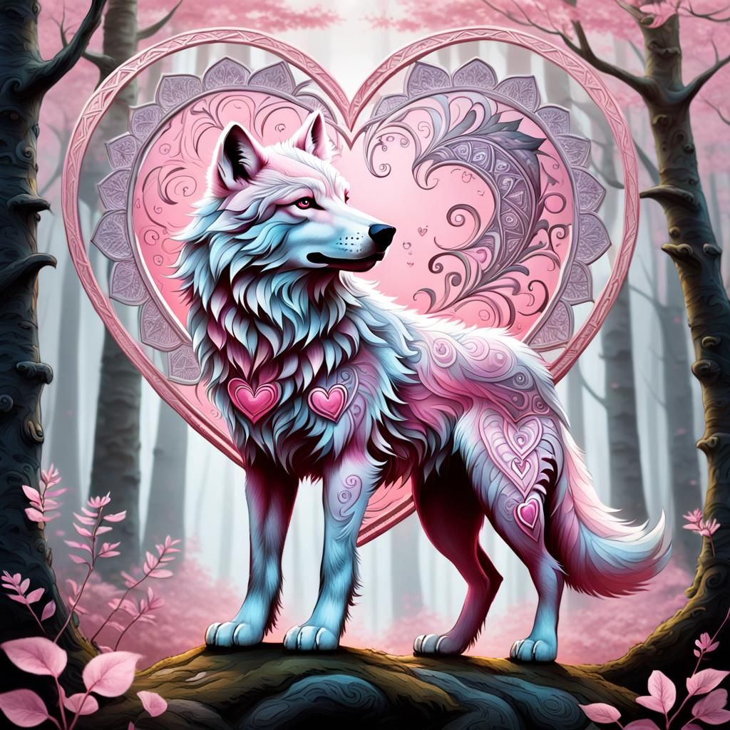Mystical Pink Heart Wolf in Enchanted Forest