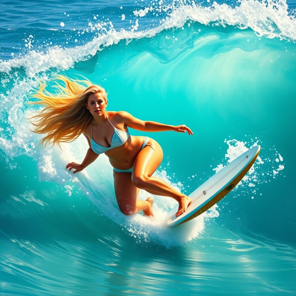 Sultry Goddess Surfs Turquoise Waves with Confidence and Poi...