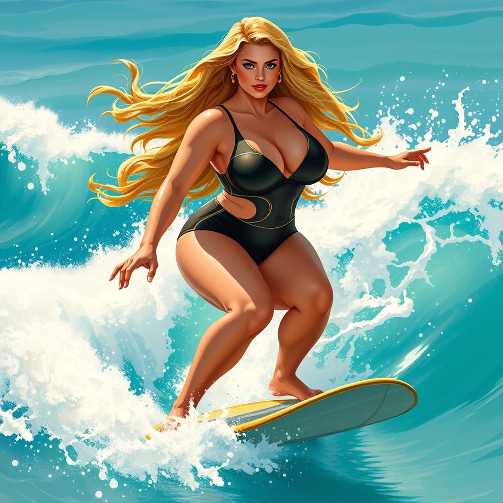 Confident Plus-Sized Goddess Rides Waves with Poise and Stre...