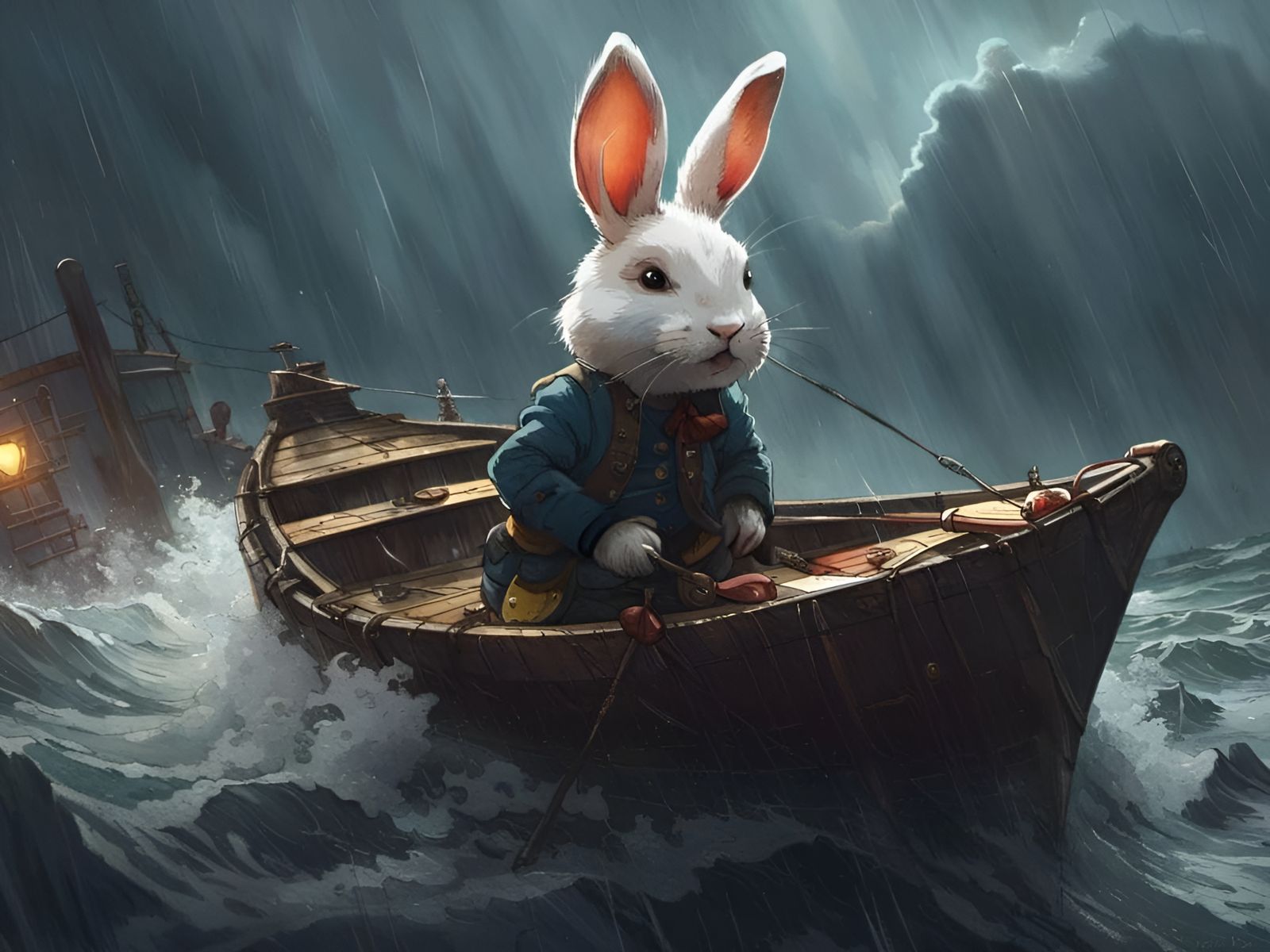 Rabbit's Voyage: Stormy Sea Digital Illustration