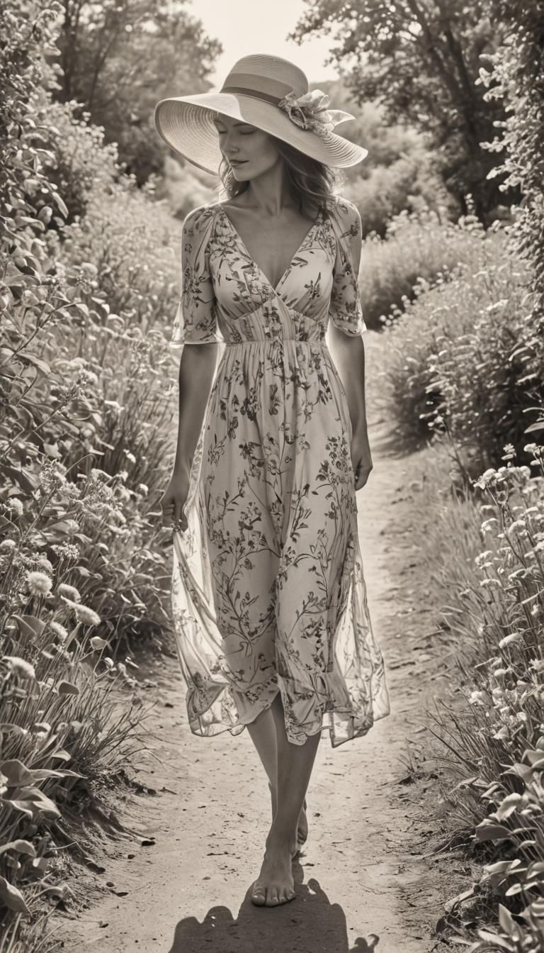 Elegant Woman in Sun Dress: Ink Drawing