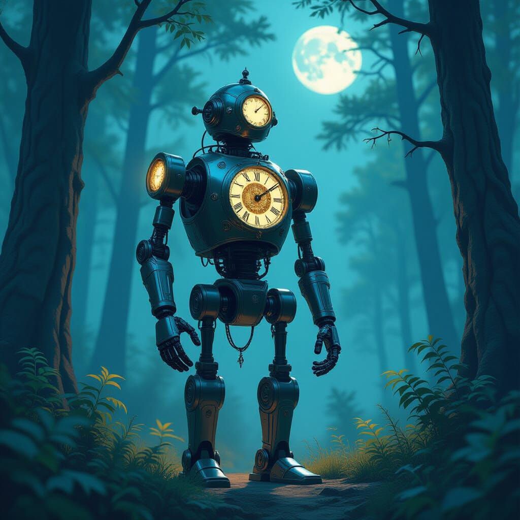 Steampunk Automaton Guards Mystical Forest in Ethereal Moonl...