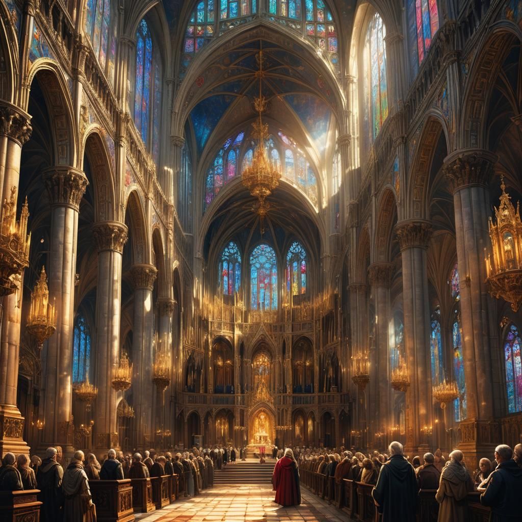 Ra and Parishioners in Baroque Gothic Cathedral