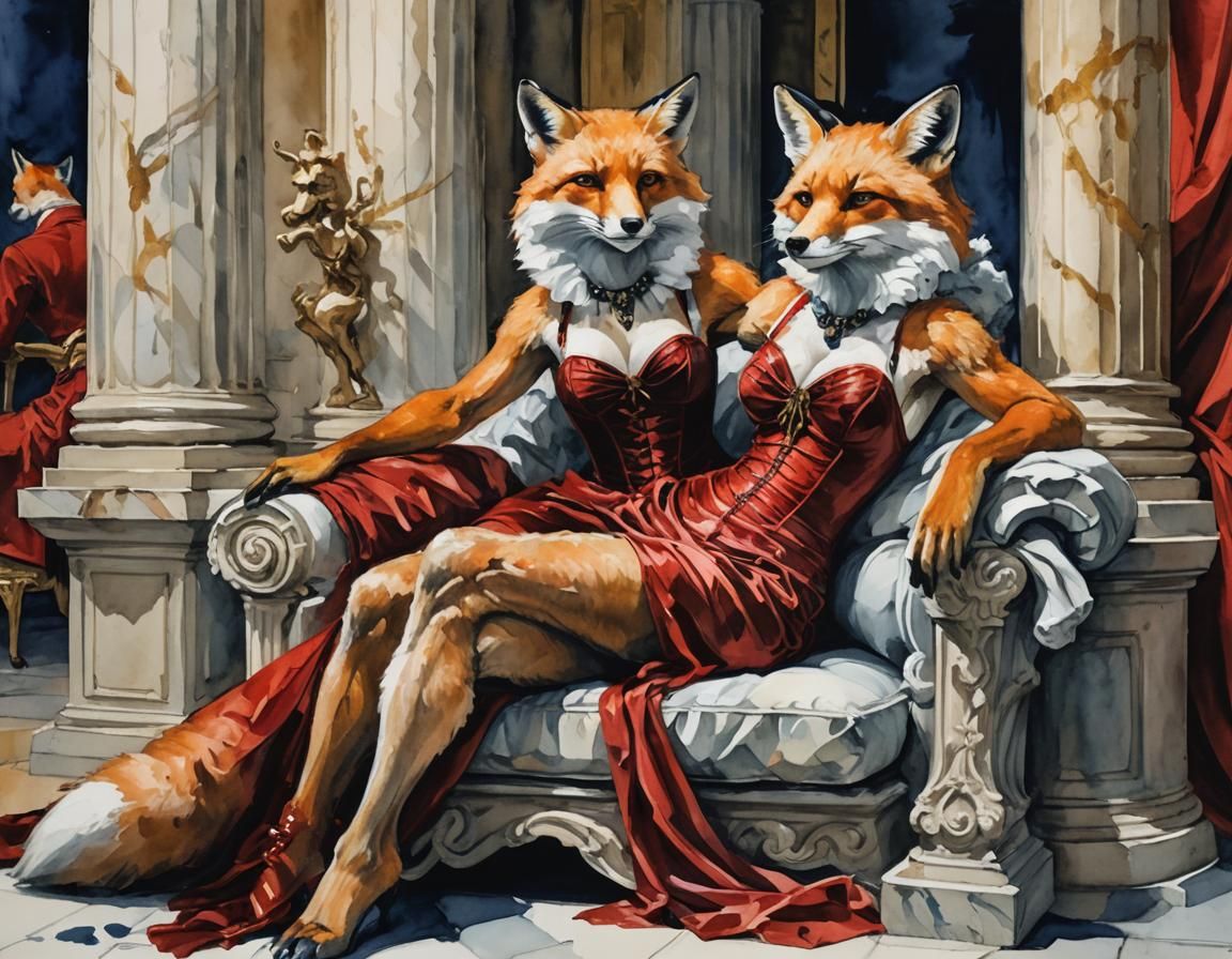 Fox Humanoid Reclining, Impressionist Gouache Style