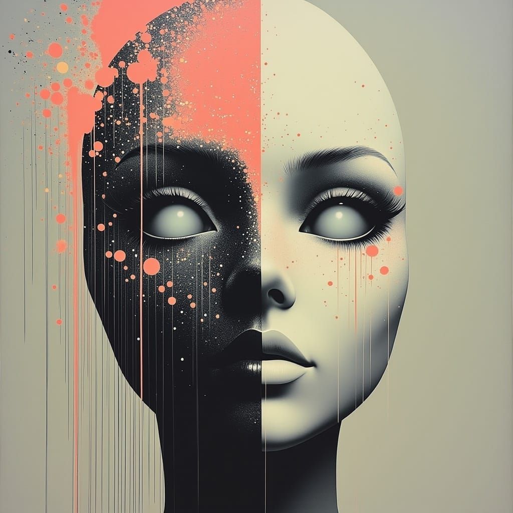 Surreal Mask Symbolizing Emotional Turmoil in Muted and Vibr...
