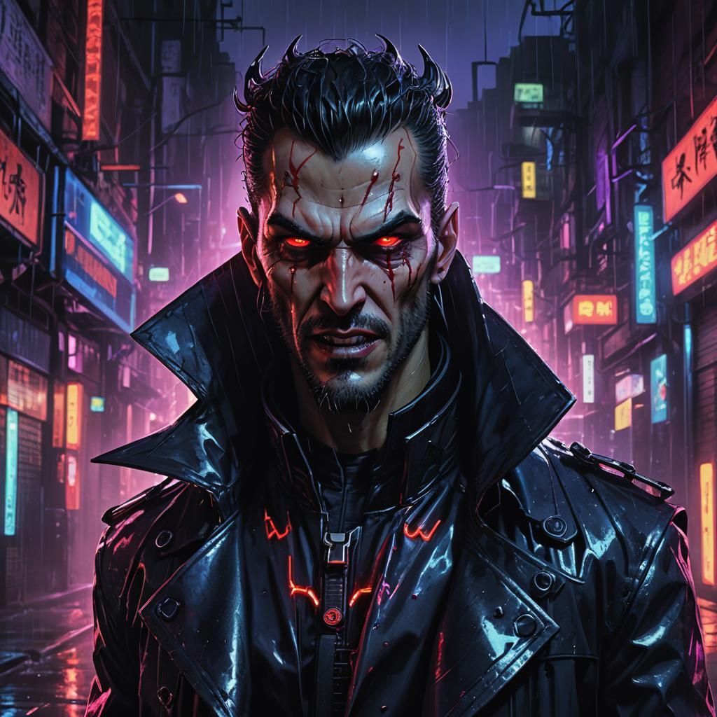 Cyberpunk Dracula in Rainy Alleyway with Neon Lights