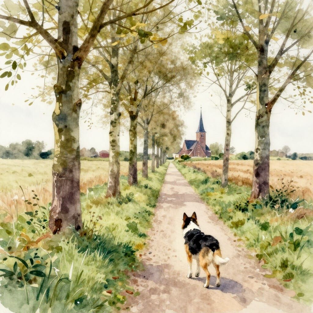 Polder Landscape with Dog and Church in Watercolor Style