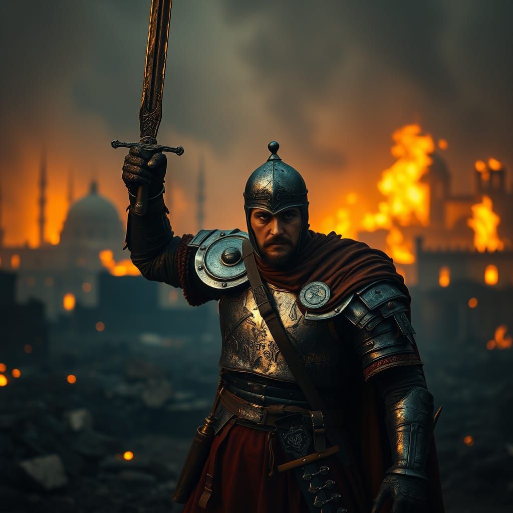 Byzantine Warrior Defiant in Ruined Constantinople