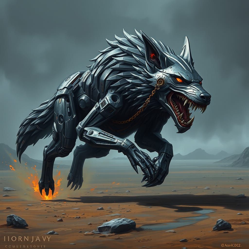 Ironjaw Wolf Runs Across Barren Plateau in Dystopian Style