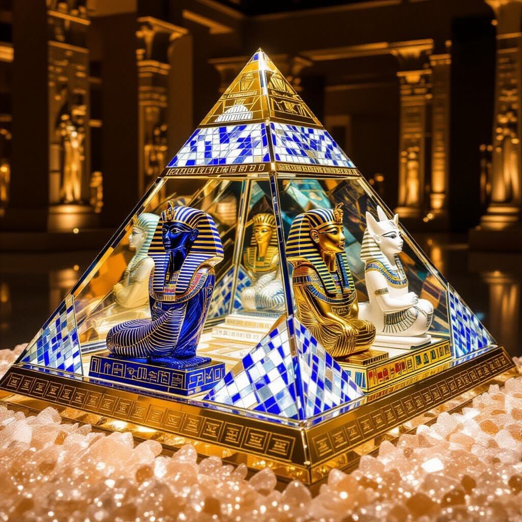 Gold Glass Pyramid With Egyptian Princess and Sphinx