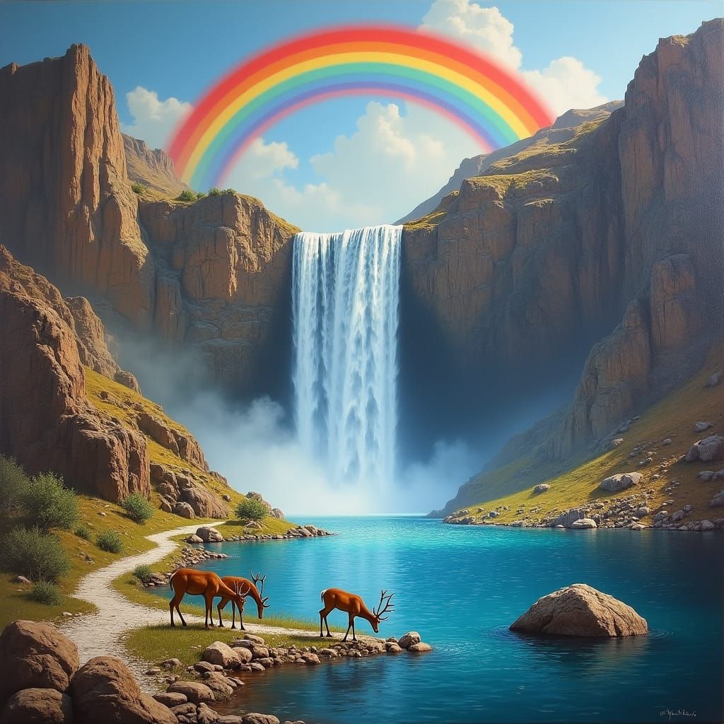 Majestic Waterfall with Double Rainbow, Surreal Landscape