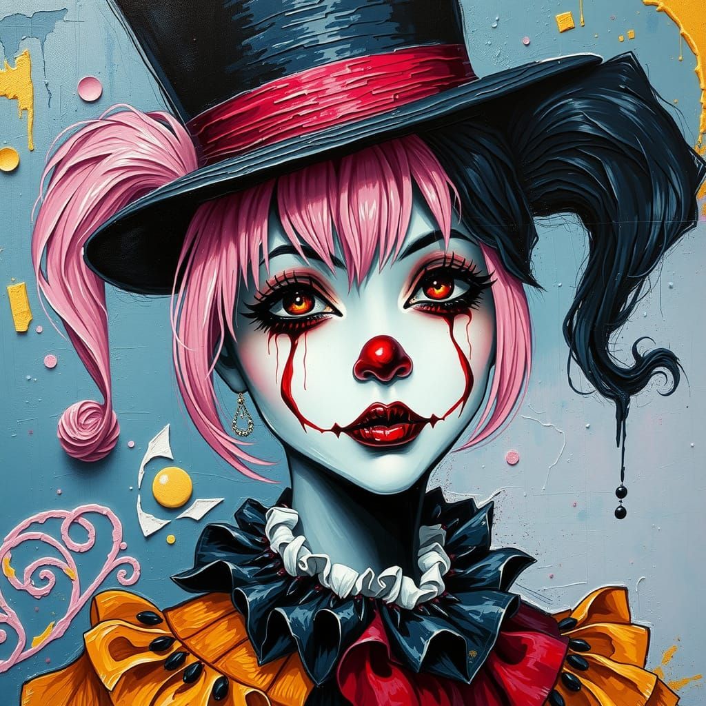 gothic clown girl with pink and black hair wearing a top hat...