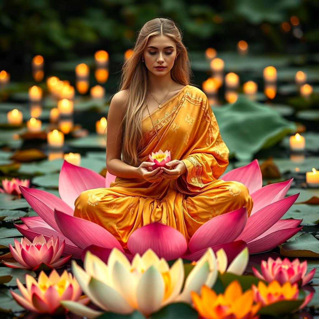 Indian Goddess in Serene Lotus Pose, Surrounded by Golden Li...