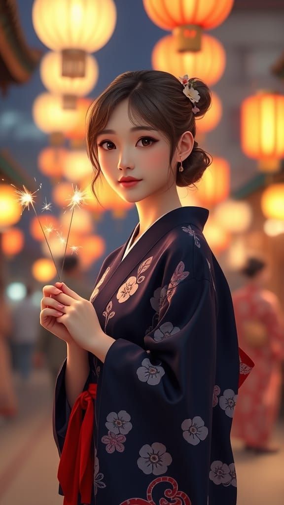 Serene Young Woman in Traditional Yukata, Illuminated by Spa...