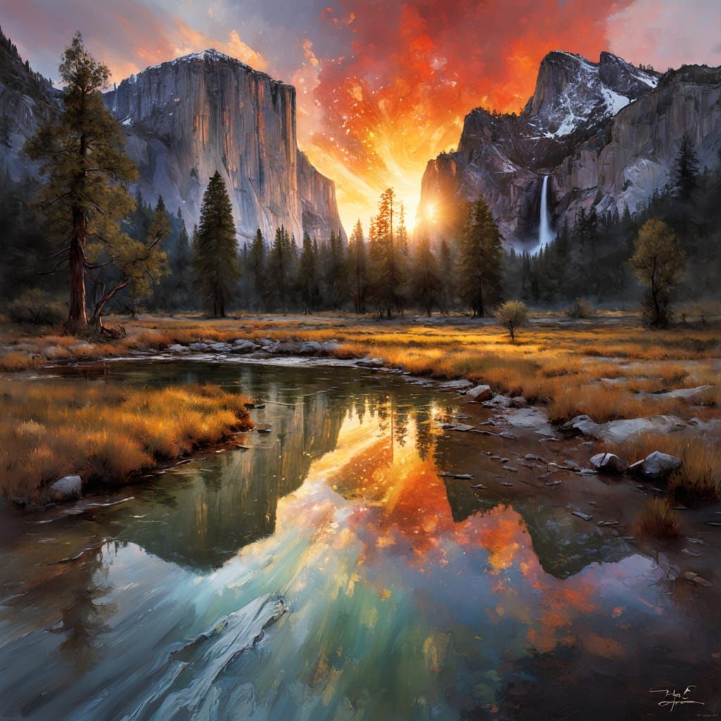 an impressive Yosemite landscape at red copper sunset