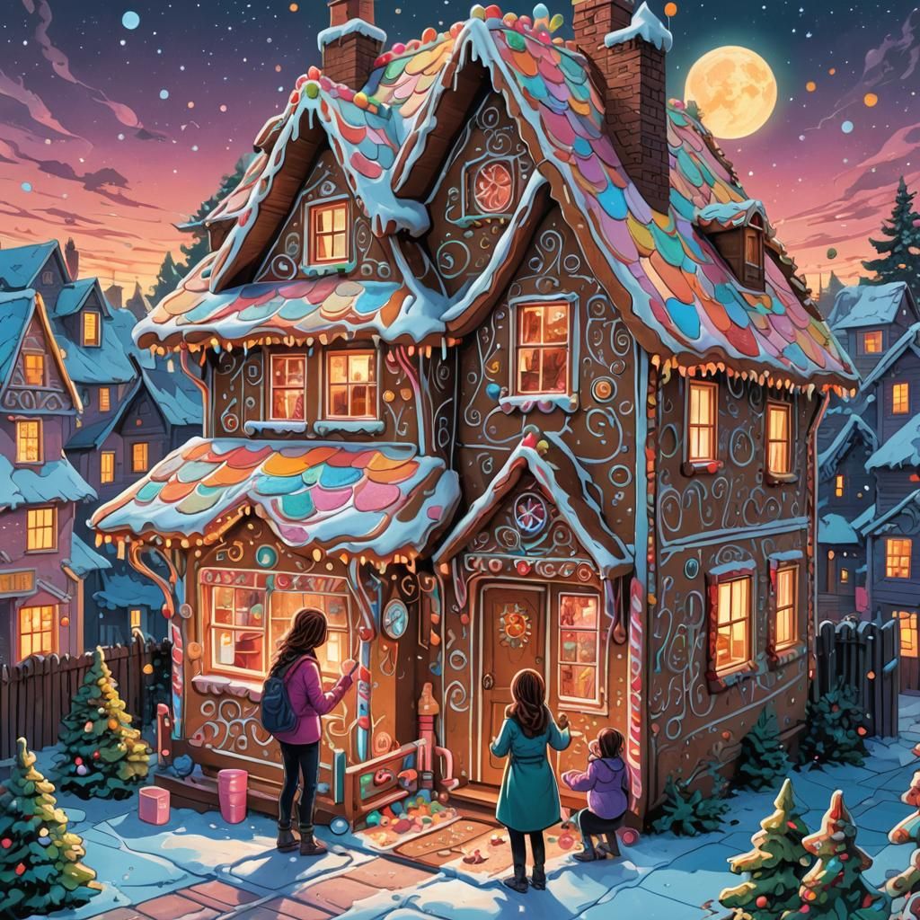 Girl and Mom Build Gingerbread House in Comic Art