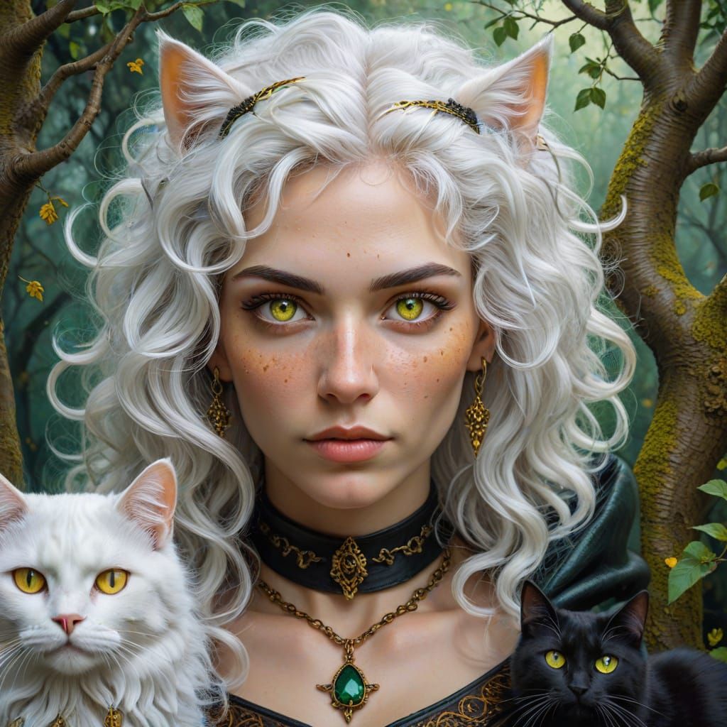 Witch Portrait with Cats in Oil Painting Style