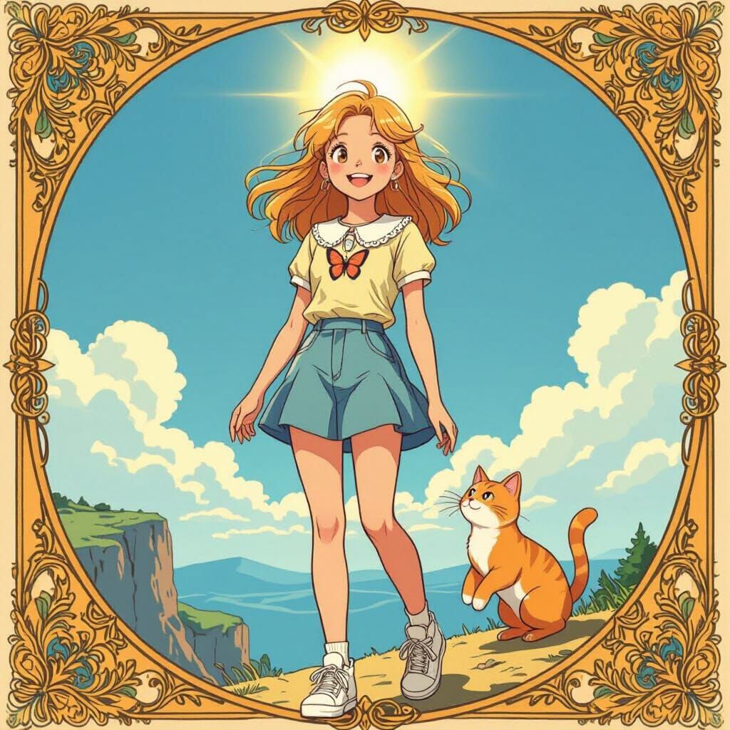Cheerful Teenage Girl with Cat on Cliff, Fantasy Style