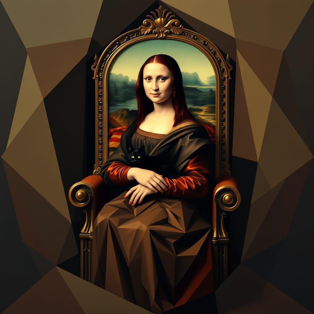 Mona Lisa with Black Cat in Cubist Style