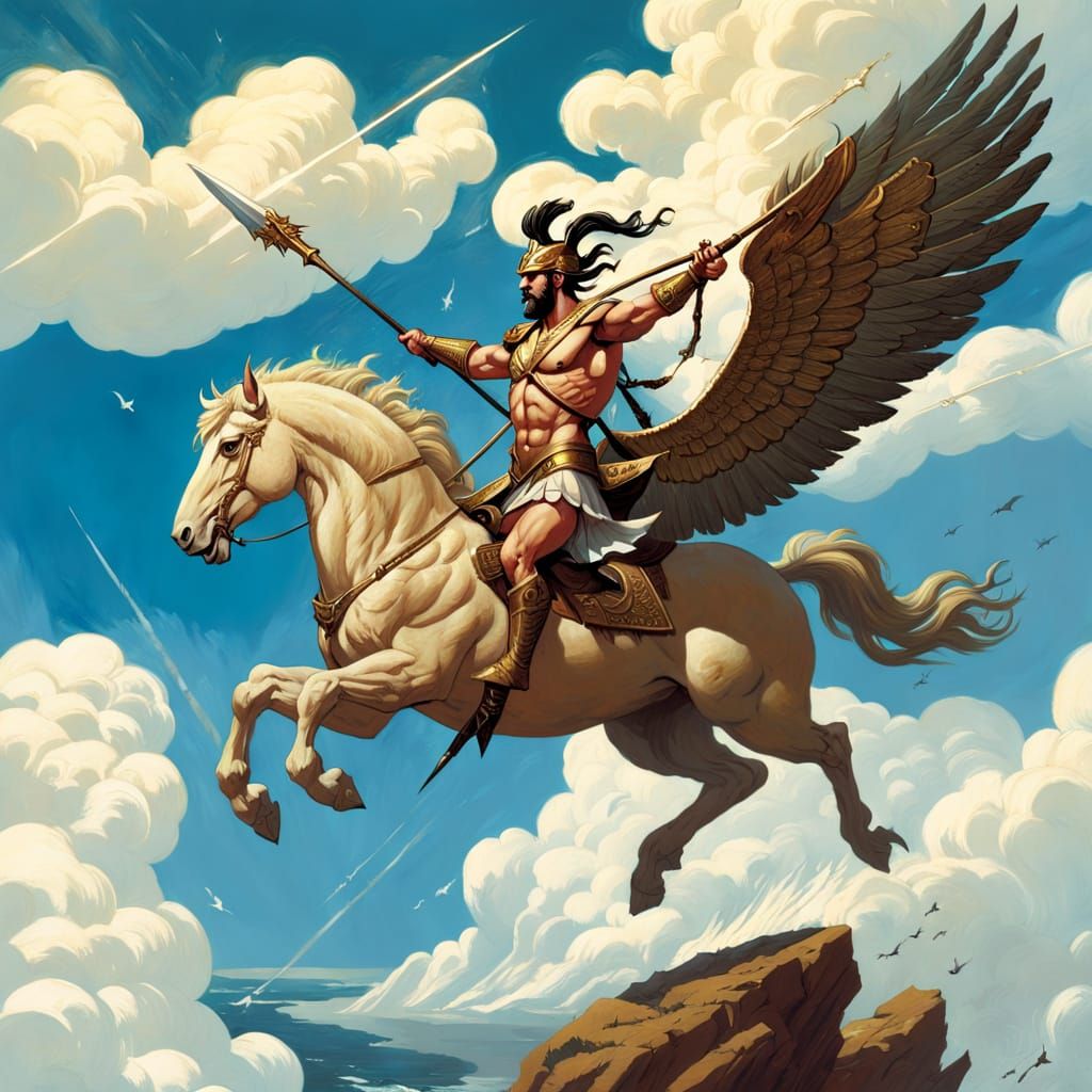 Ancient Greek Warrior Rides Pegasus in Epic Skybound Battle