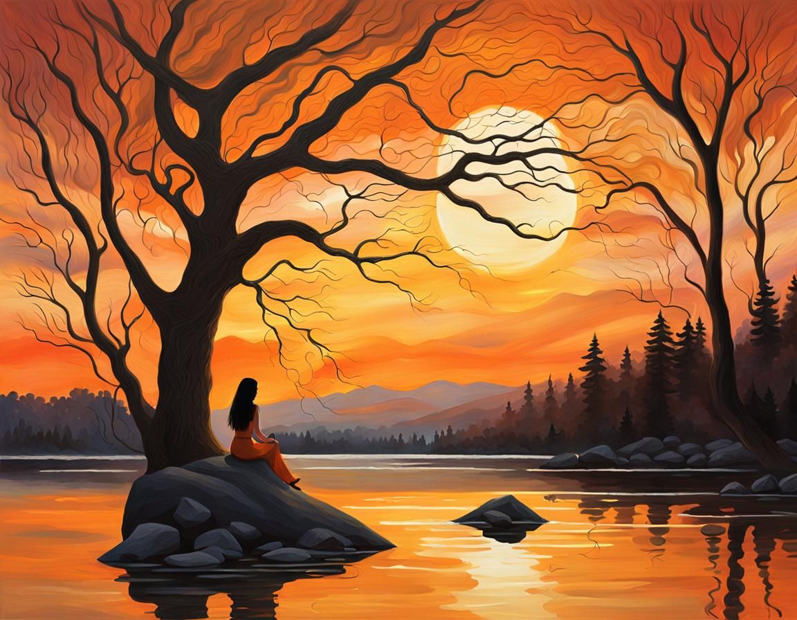Woman by Lake: Romantic Landscape Painting