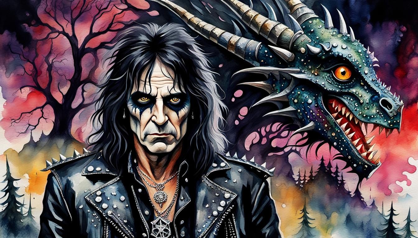 Alice Cooper Portrait in Watercolor Gothic Forest