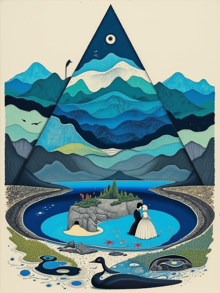 Dreamy Watercolor Blue Mountains with Vintage Reflections