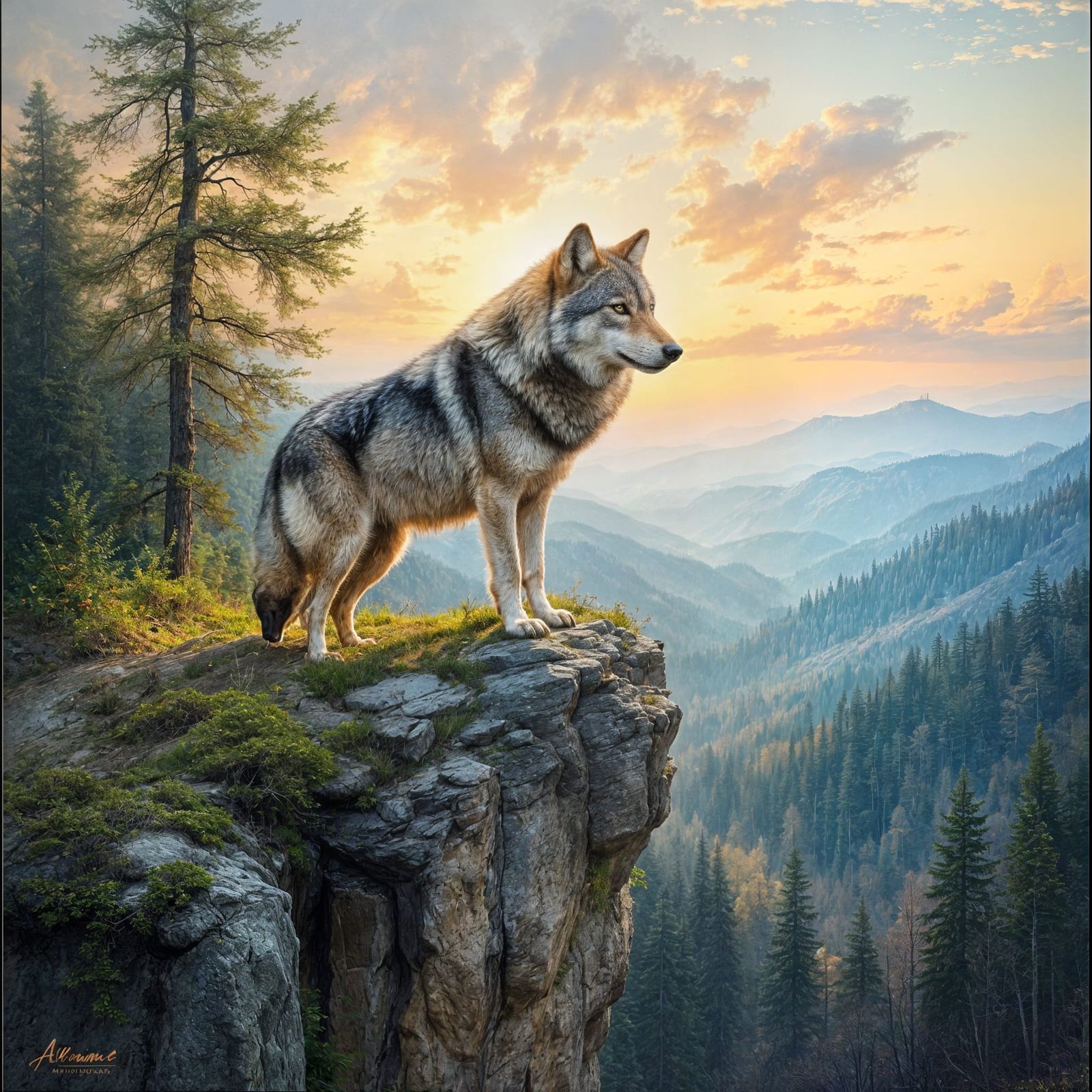 Wolf Portrait on Cliff Overlooking Forest, Oil Painting