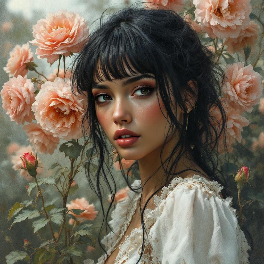 Noir Portrait in a Rose Garden, Surreal Illustration