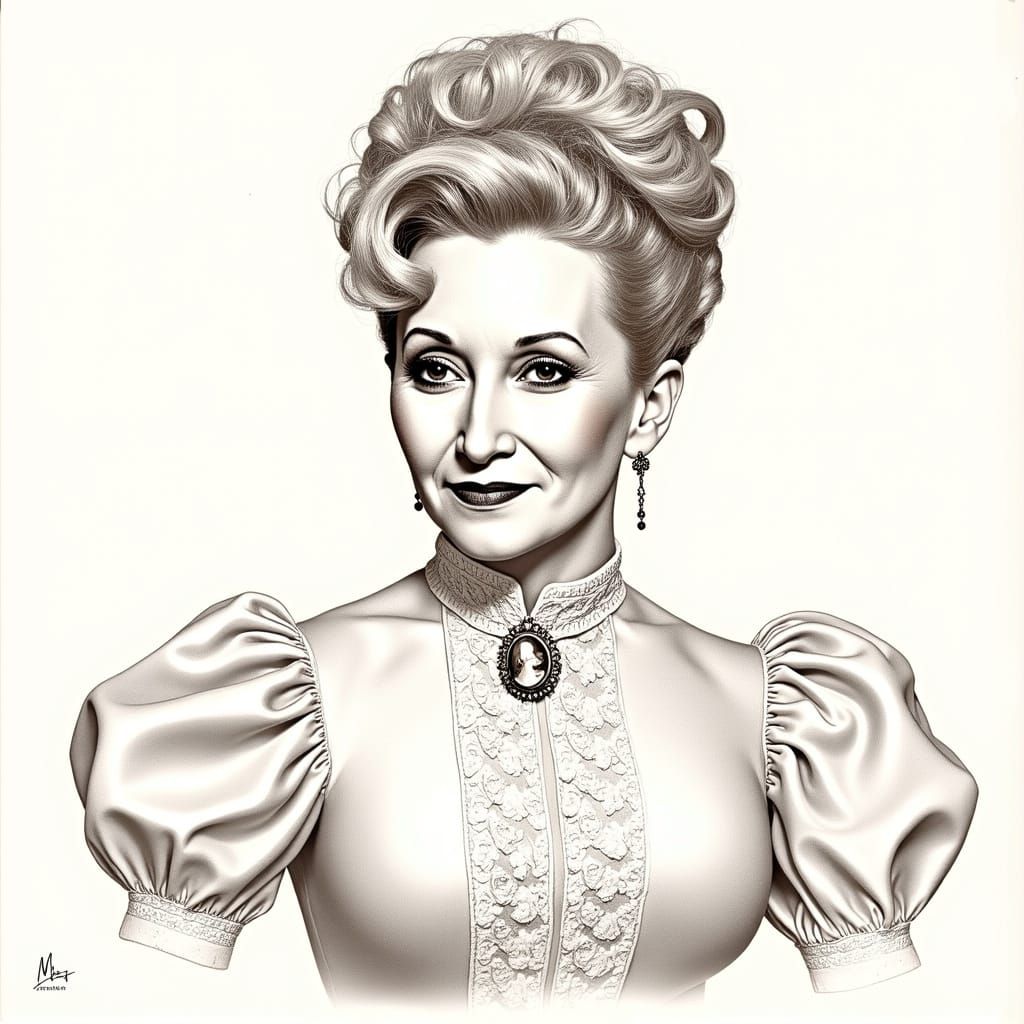 Elegant Victorian Woman in Detailed Ink Drawing