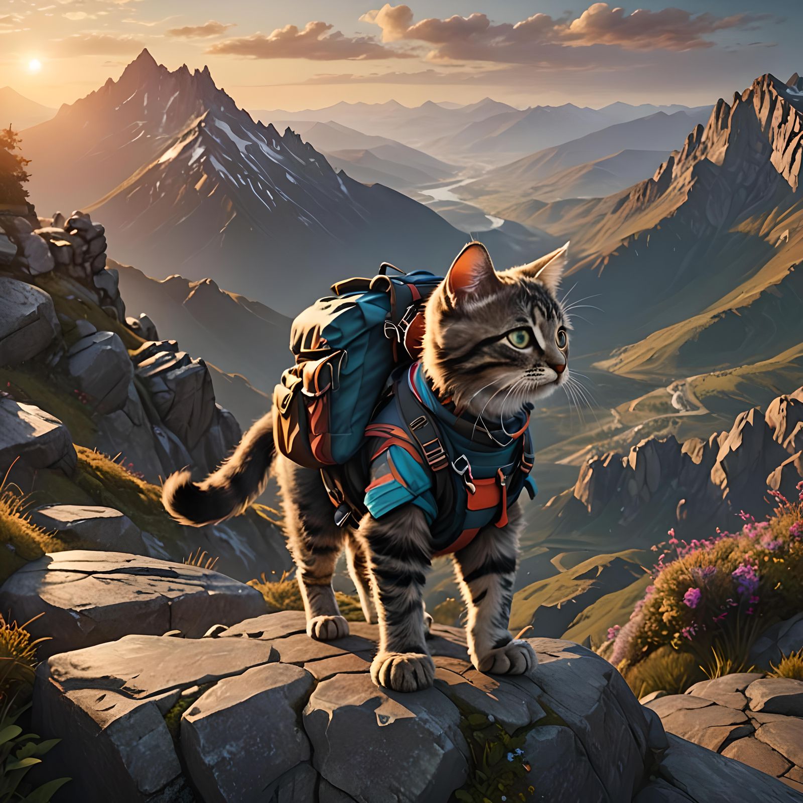 Kitten Hiker on Mountain Ridge at Sunrise