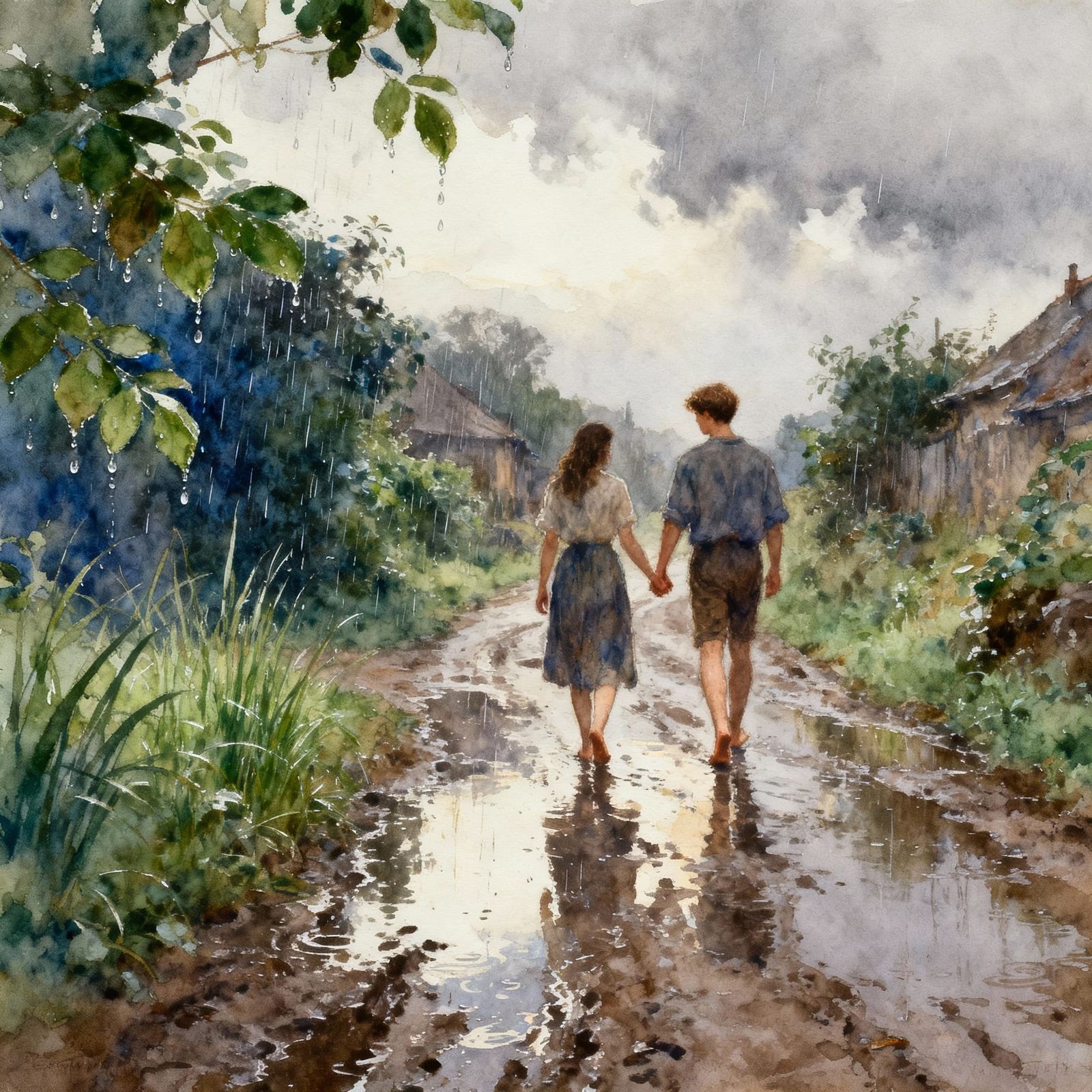 Couple's Romantic Walk After Monsoon Rain