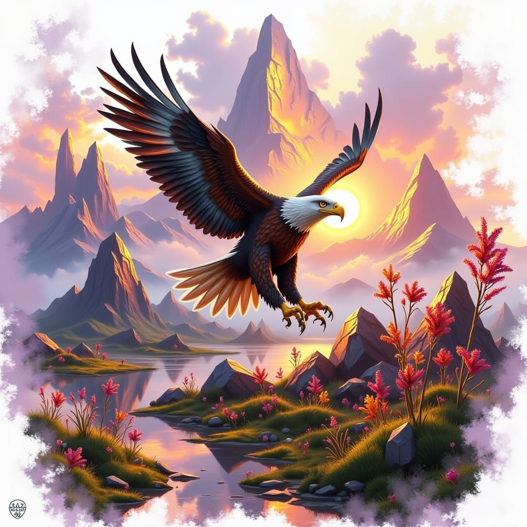 Majestic Mountain Lake Sunset Reflection with Soaring Eagle