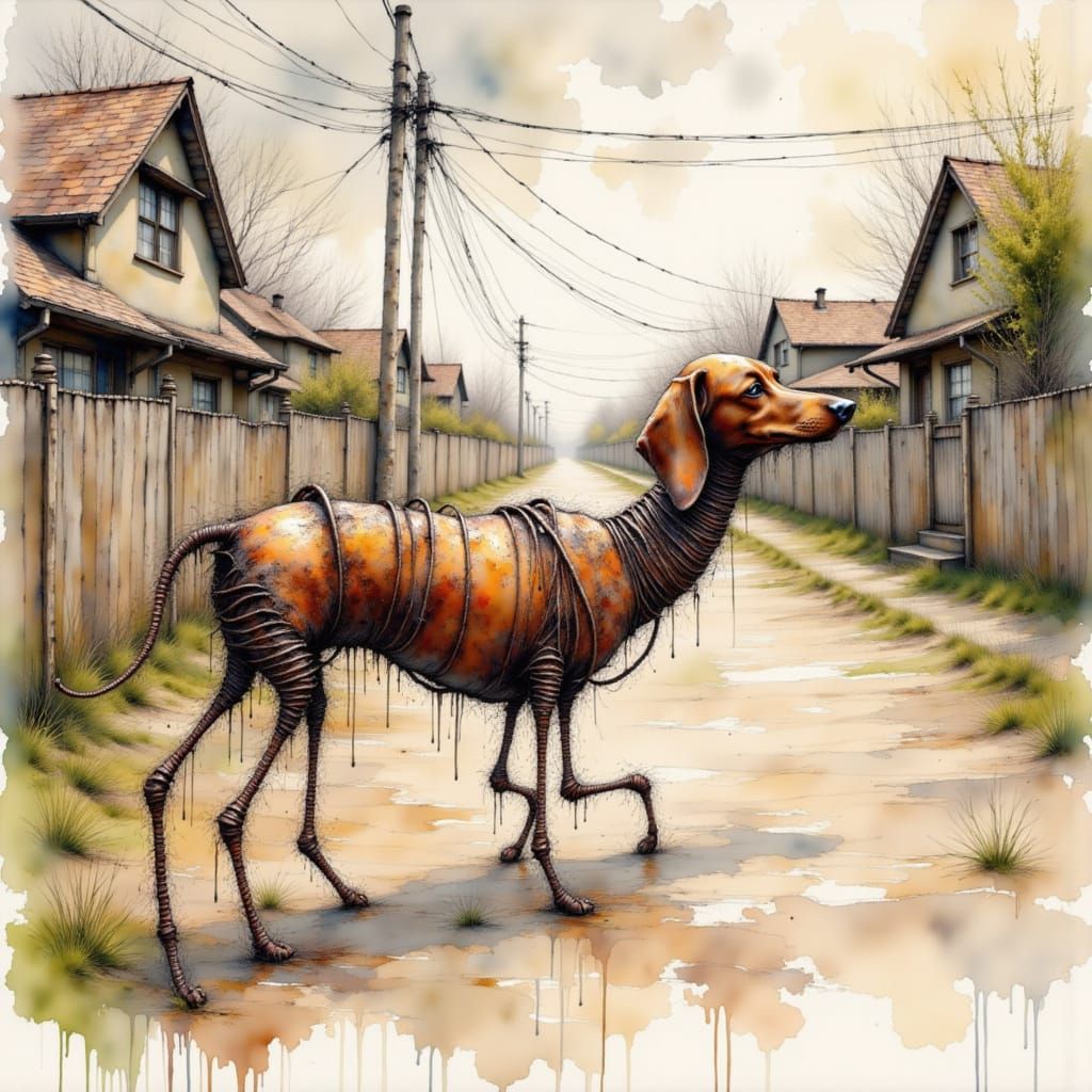 Crazy weird whimsical crooked goofy wiener dog made up of be...