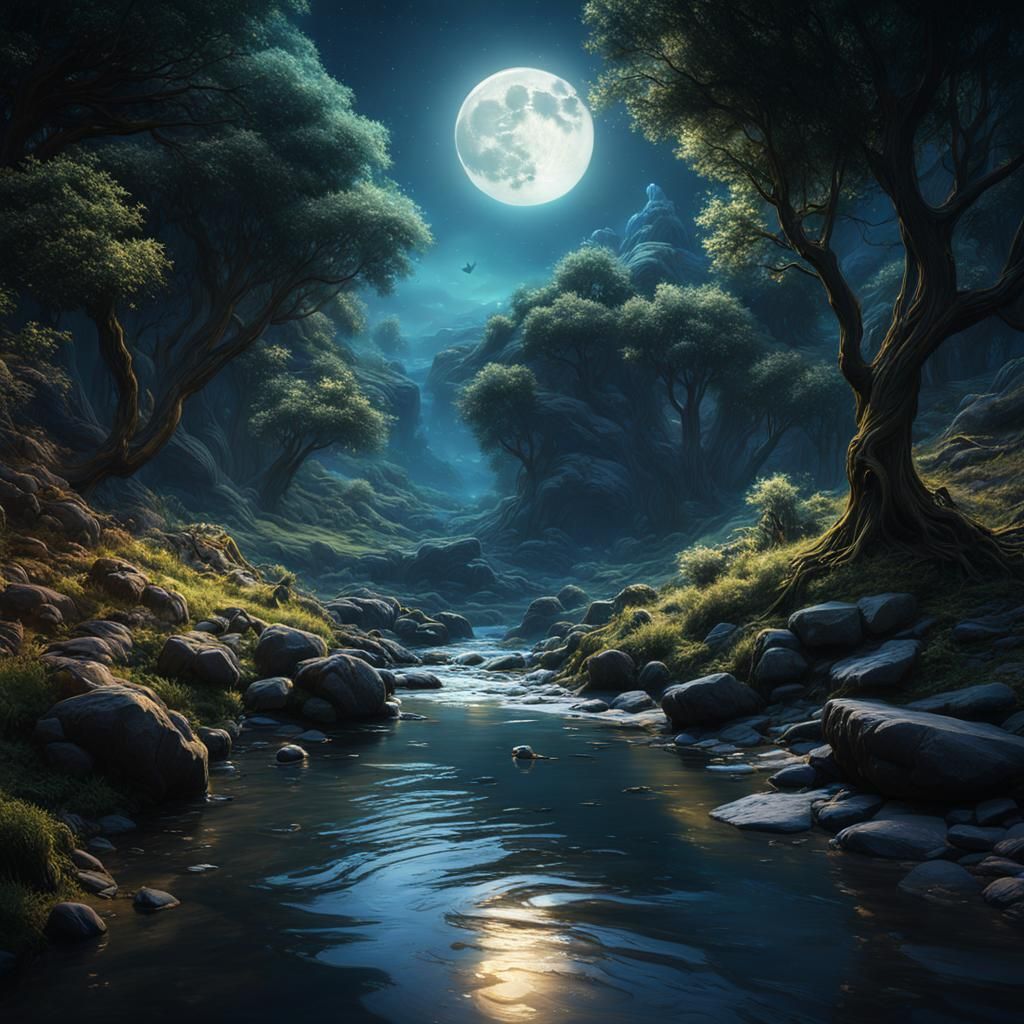 Cat Swimming in Moonlit Creek: Fantasy Concept Art