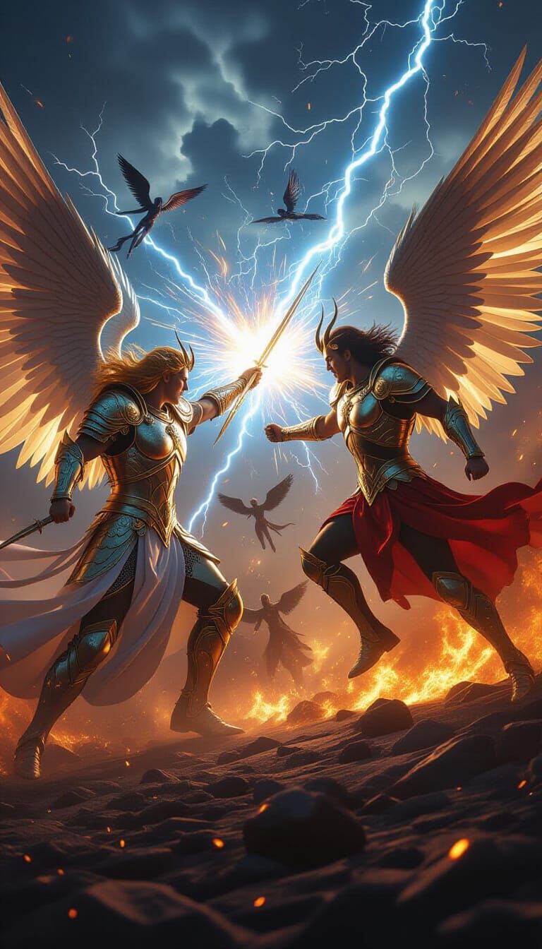 Archangel Michael Battles Lucifer in Fiery Heaven