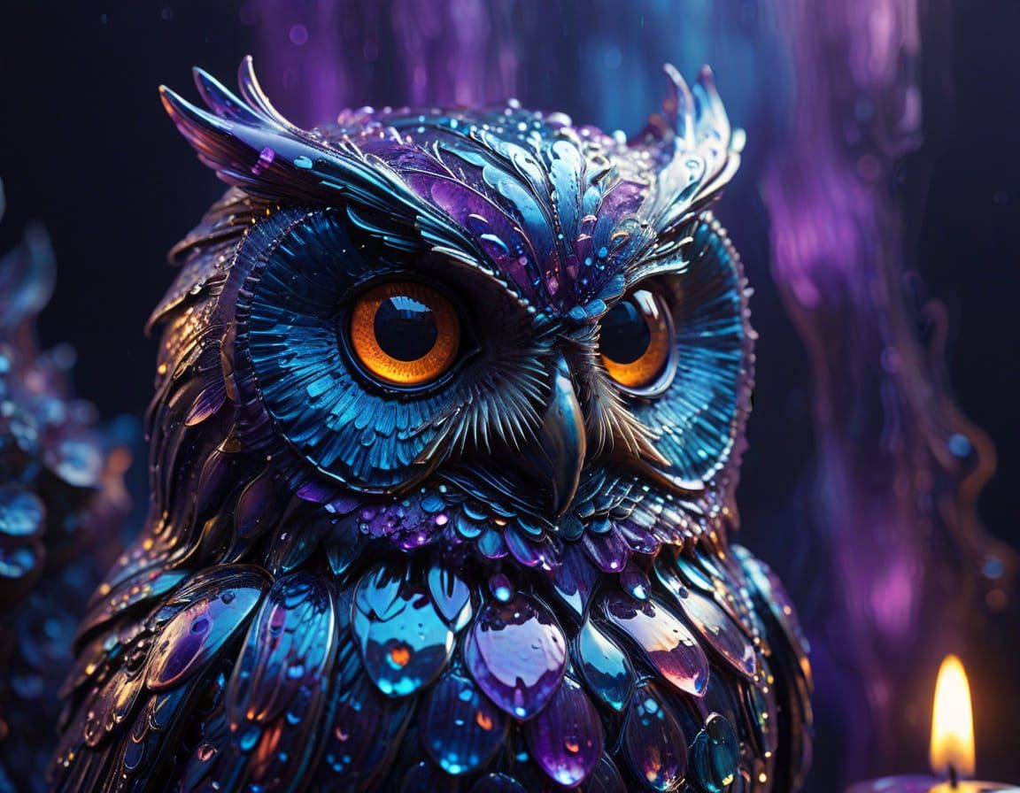 Molten Glass Owl Transforms in Vibrant Iridescent Hues