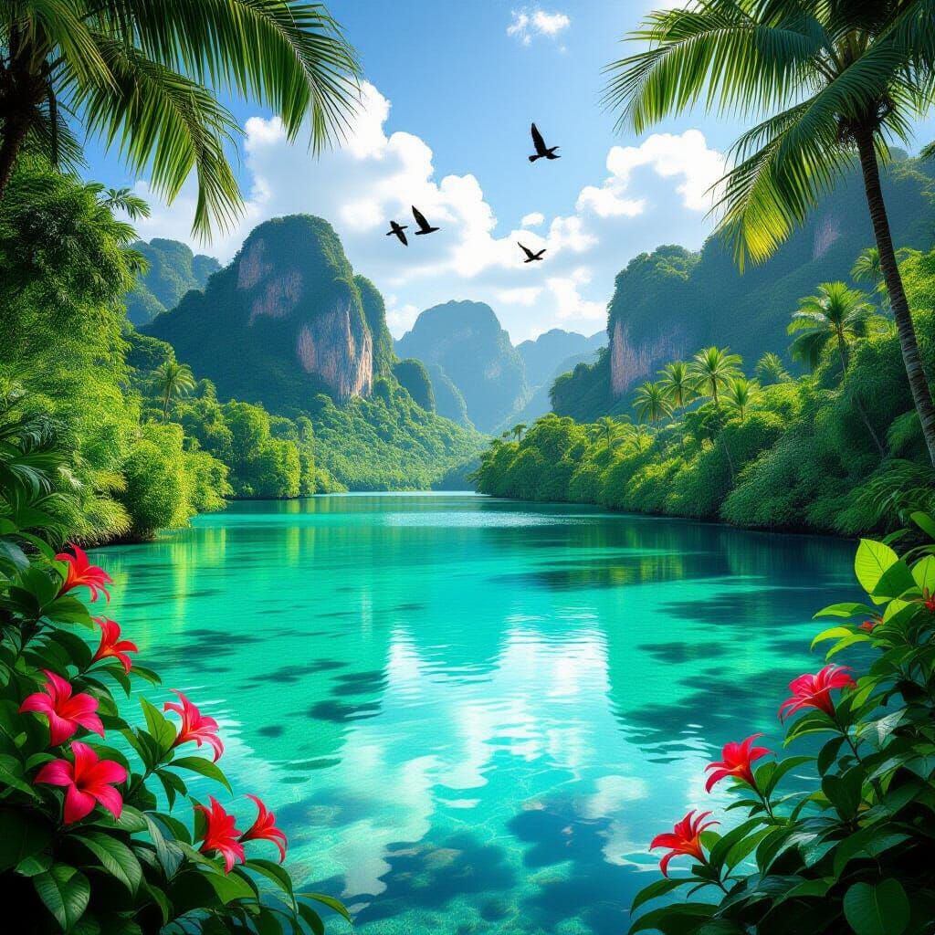 Tropical Lagoon with Exotic Birds, Photorealistic Style