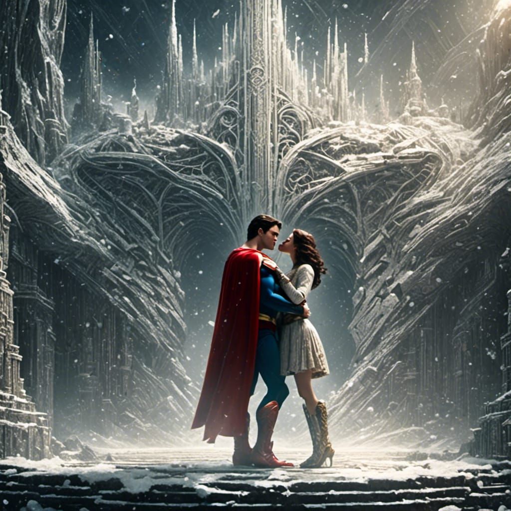 Superman kissing a blonde Lois Lane in the a green forest clearing. A shaft of sunlight illuminates them