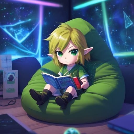 Chibi Link Reads Comic Book in Cozy Room