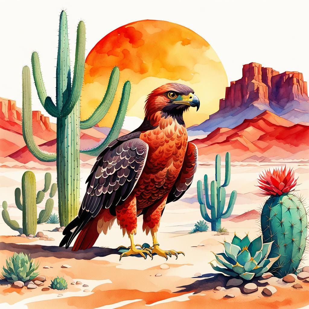 Red Hawk in Desert Beach: Watercolor Pop Art