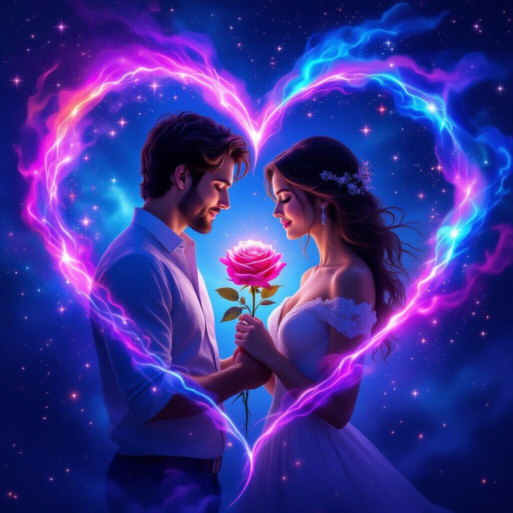 Two Souls in Cosmic Embrace with Glowing Rose