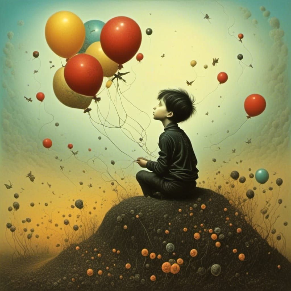 Boy Blowing Balloons in Gothic Art Style