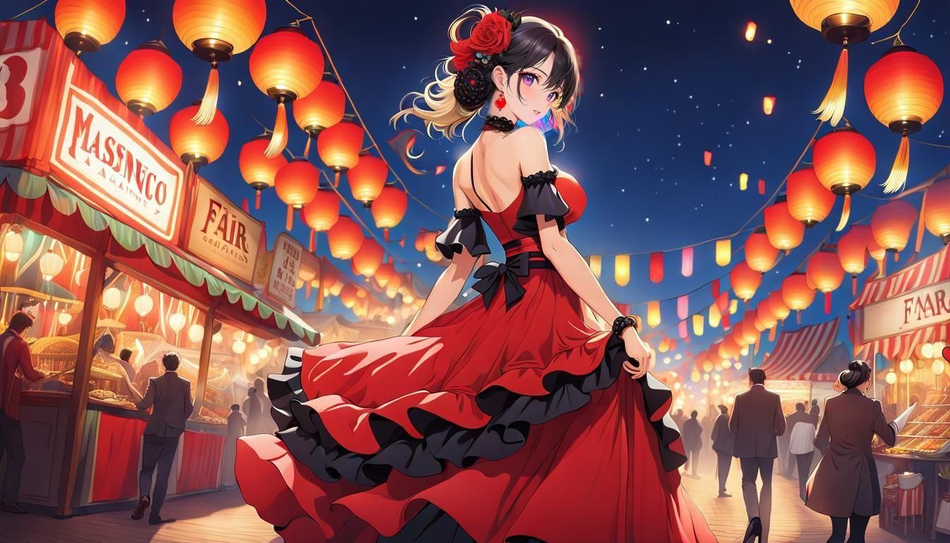 Anime Girl in Flamenco Dress at Night Fair