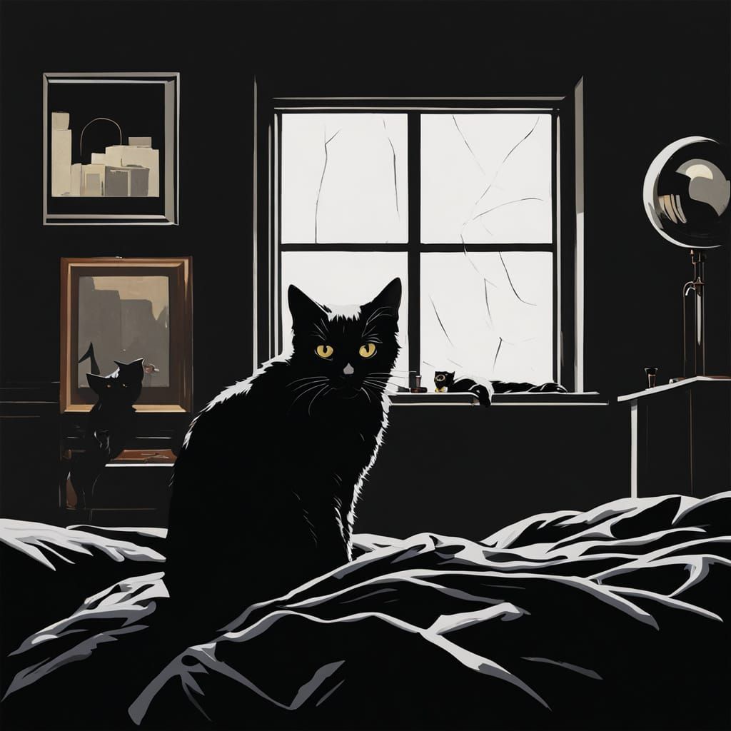Black Cat on Blanket in Dark Room