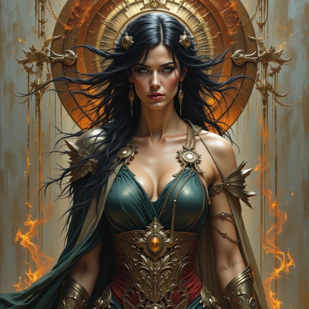 Powerful Goddess Athena in Armored Fantasy Style