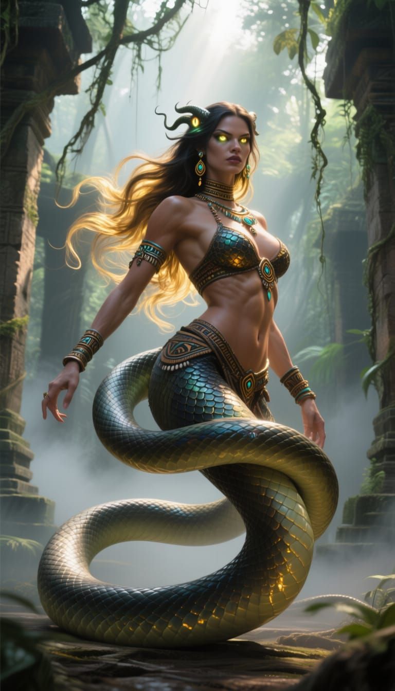 Seductive Lamia in Jungle Temple Ruins, Fantasy Art
